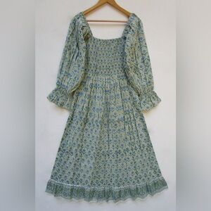 Dear Mountain 100% Cotton Blue Floral Hand Block Printed Smocked Maxi Dress M
